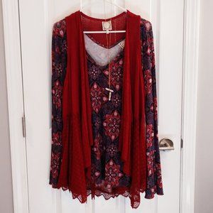Burgundy Floral Boho Lace Open Vest & Long Tunic 2 Piece Set